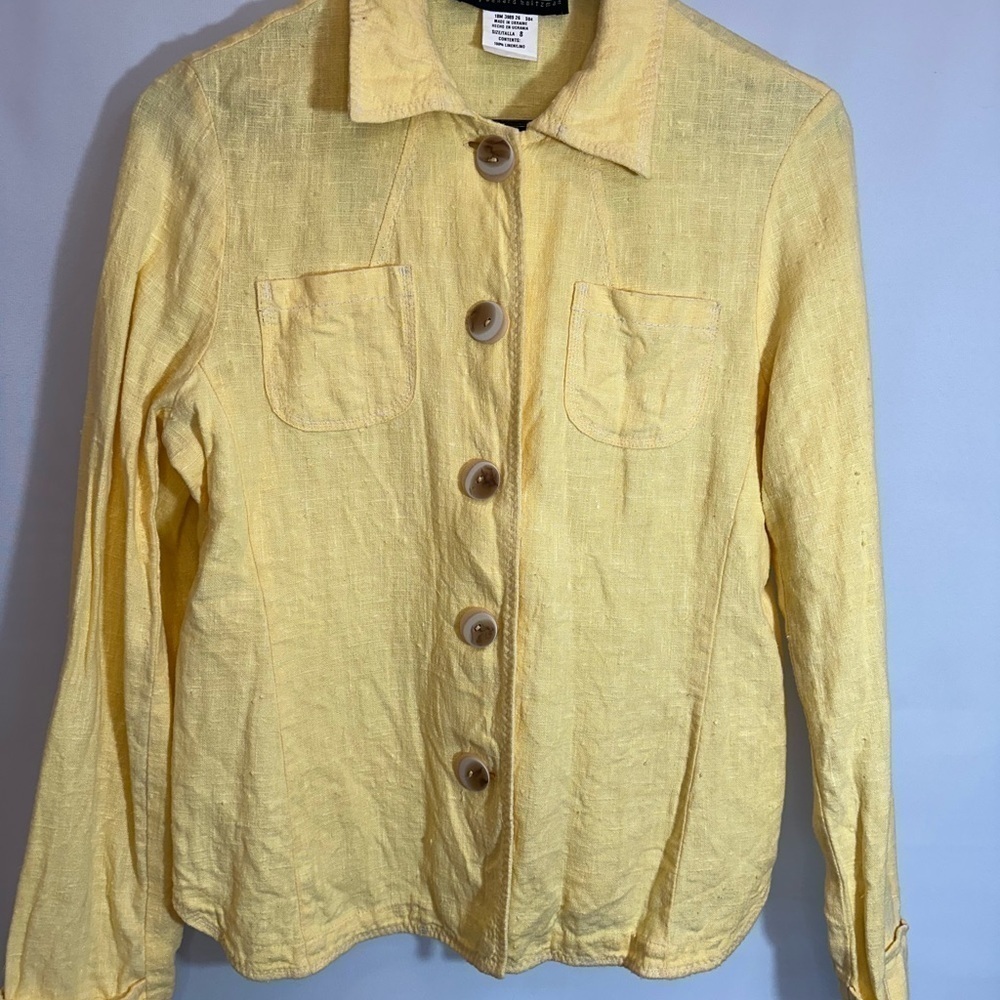 Harve Benard Women Jacket Blazer 100% Linen Lagenlook Big Buttons Pockets Yellow